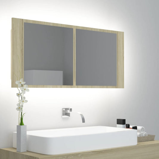 Badrumsspegel Spegelskåp LED Sonoma Ek 100x12x45 cm akryl