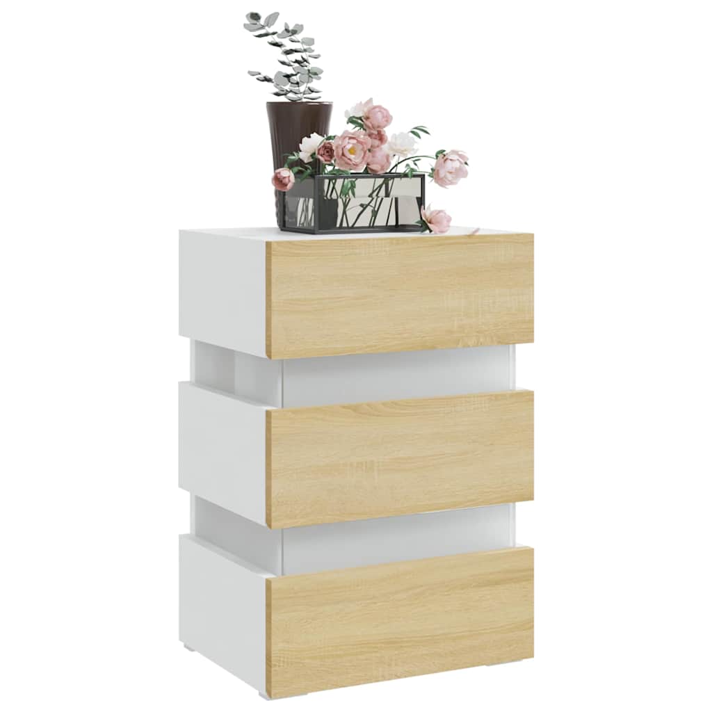 Sängbord Nattduksbord Vit Sängskåp LED och Sonoma Ek 45x35x67 cm