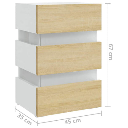 Sängbord Nattduksbord Vit Sängskåp LED och Sonoma Ek 45x35x67 cm
