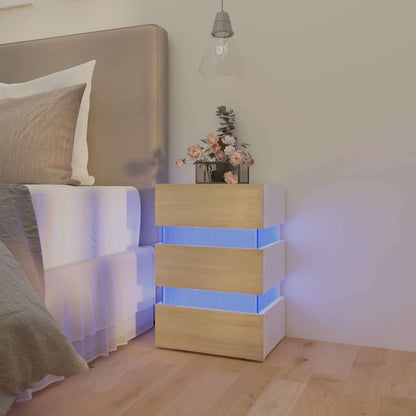 Sängbord Nattduksbord Vit Sängskåp LED och Sonoma Ek 45x35x67 cm