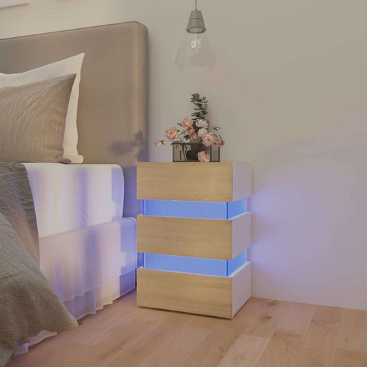 Sängbord Nattduksbord Vit Sängskåp LED och Sonoma Ek 45x35x67 cm