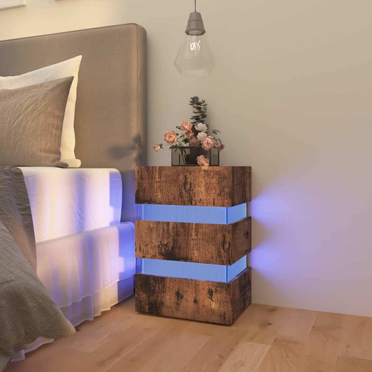 Sängbord Nattduksbord Rökfärgad Ek Sängskåp LED 45x35x67 cm