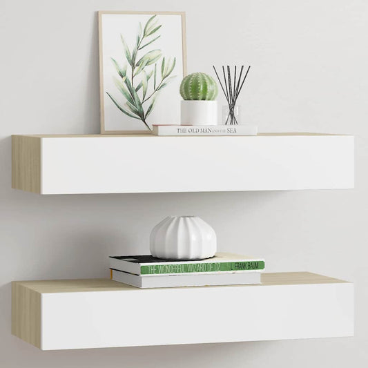 Vägghylla Vit och Ek 2 st 60x23,5x10 cm MDF