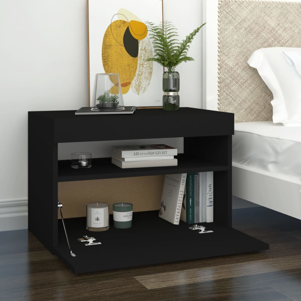 Sängbord LED-belysning 2 st svart 60x35x40 cm konstruerat trä