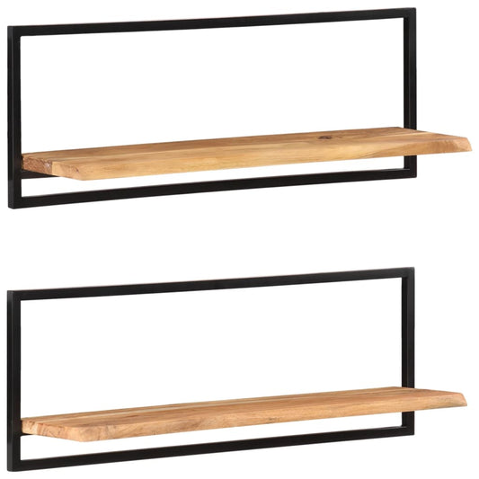 Vägghylla Trä 2 st 100x24x35 cm massivt akaciaträ och stål