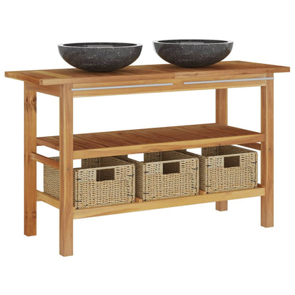 Handfat Badrum Tvättställsskåp Svart marmor massiv teak