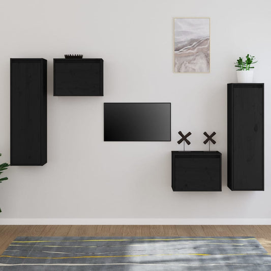 Tv-bänk 4 st svart massiv furu