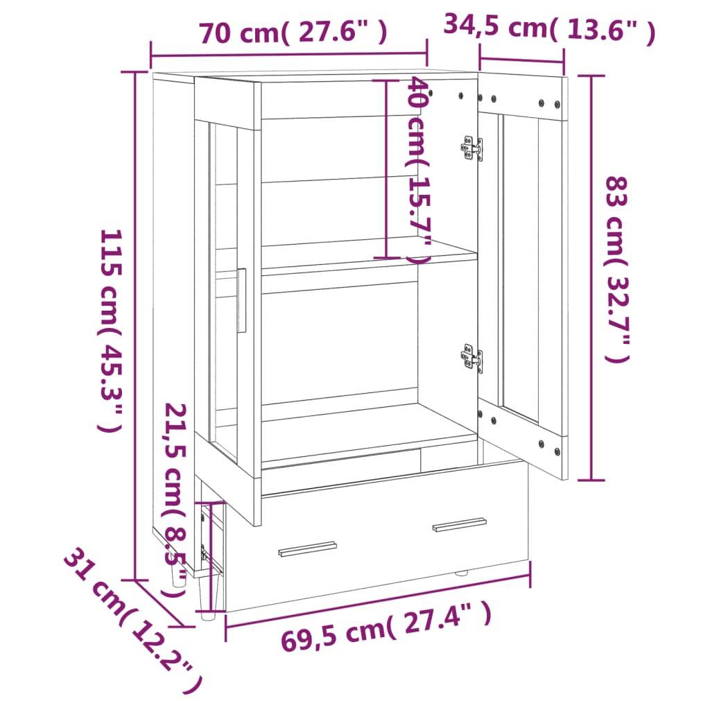 Skåp Sonoma-ek 70x31x115 cm konstruerat trä