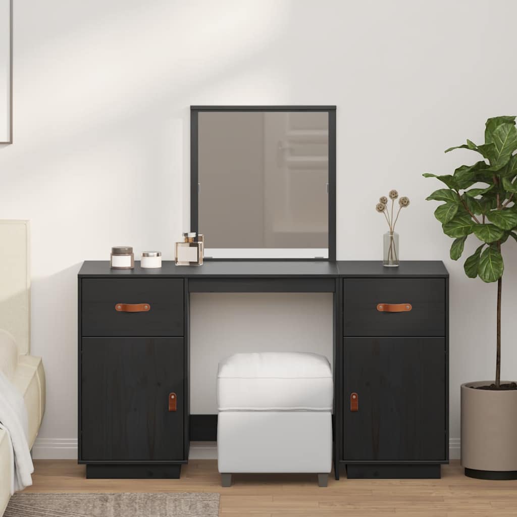 Sminkbord med spegel Svart massiv furu
