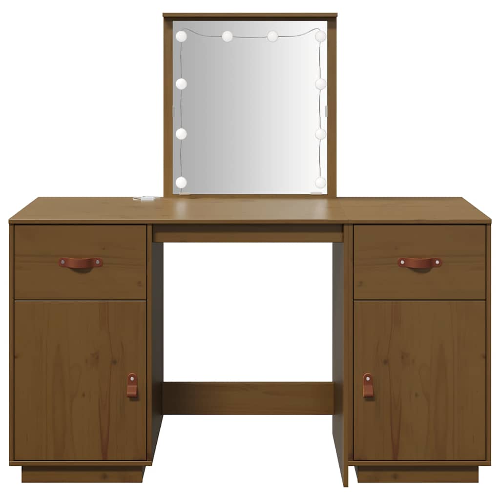 Sminkbord med spegel LED honungsbrun massiv furu