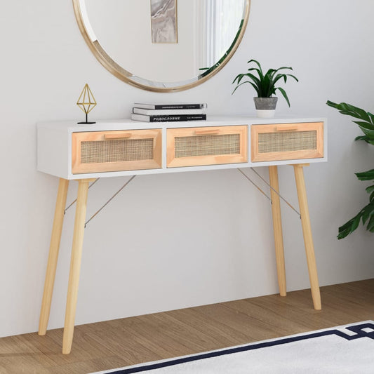Avlastningsbord Konsollbord Vit 105x30x75 cm massiv furu och naturlig rotting
