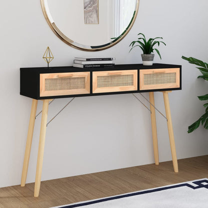 Avlastningsbord Konsollbord Svart 105x30x75 cm massiv furu och naturlig rotting