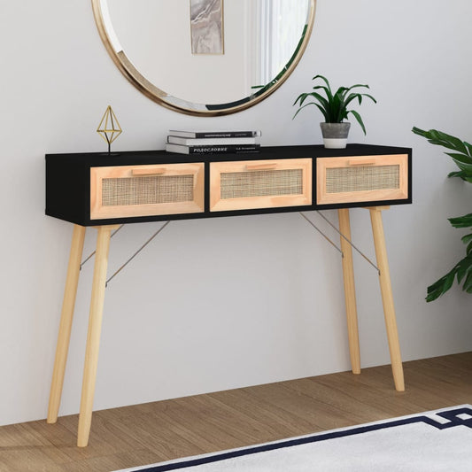 Avlastningsbord Konsollbord Svart 105x30x75 cm massiv furu och naturlig rotting