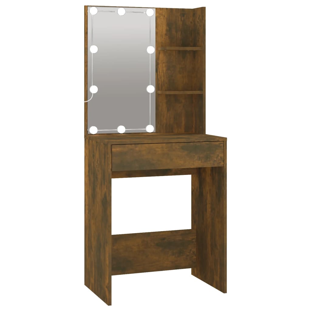 Sminkbord LED med skåp Rökfärgad ek