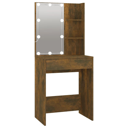 Sminkbord LED med skåp Rökfärgad ek