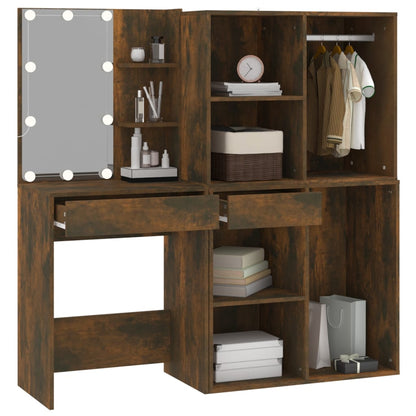 Sminkbord LED med skåp Rökfärgad ek