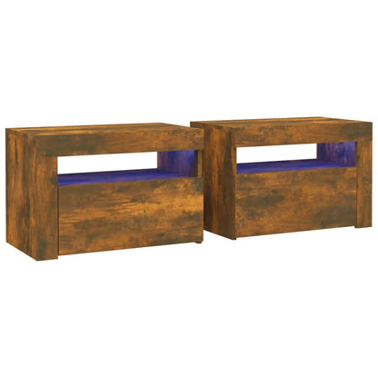 Sängbord 2 st med LED-belysning rökfärgad ek 60x35x40 cm