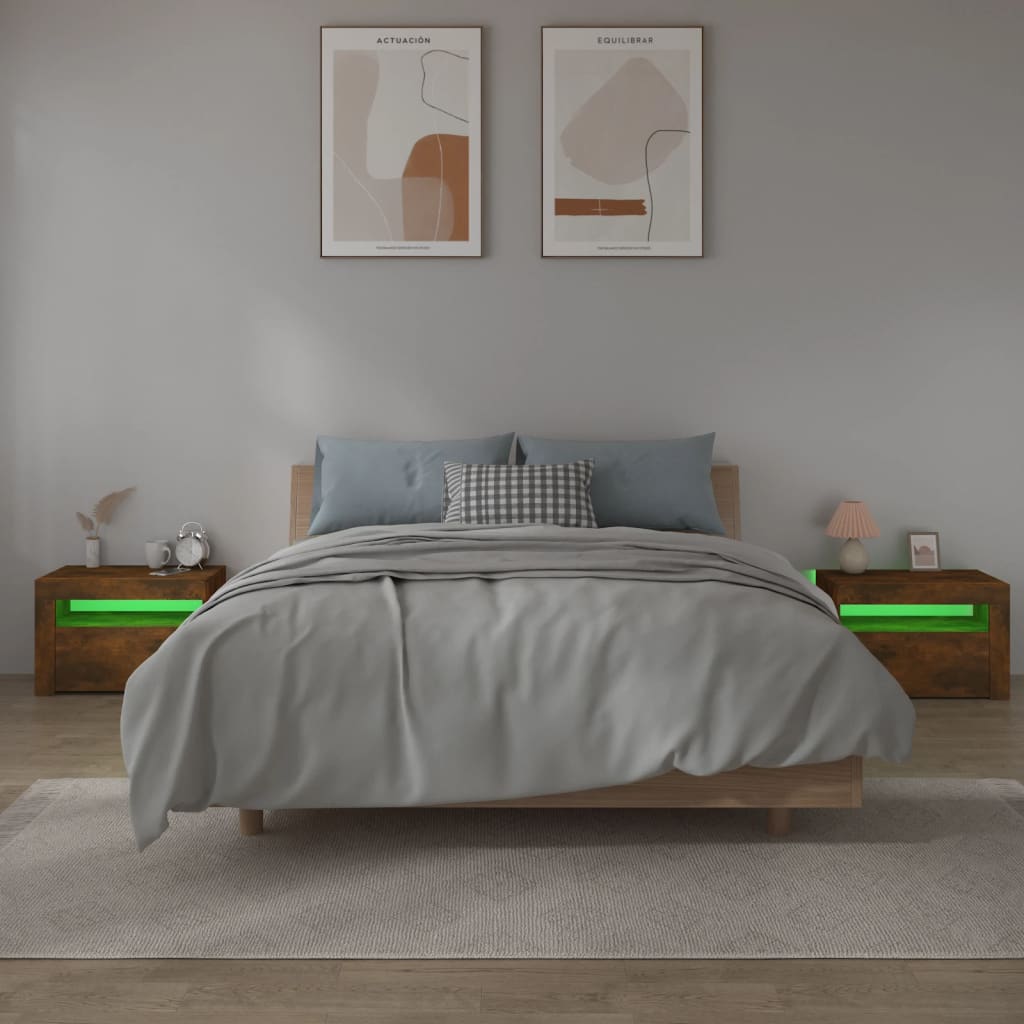 Sängbord 2 st med LED-belysning rökfärgad ek 60x35x40 cm
