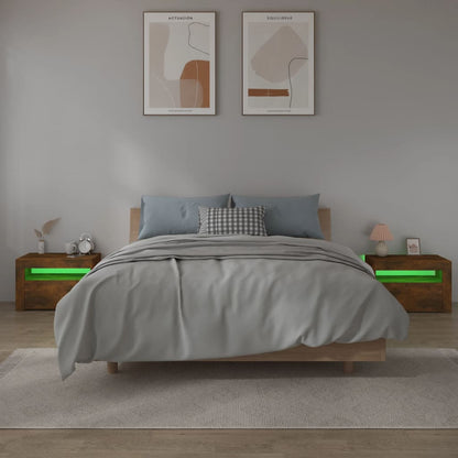 Sängbord 2 st med LED-belysning rökfärgad ek 60x35x40 cm