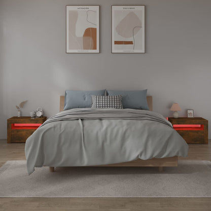 Sängbord 2 st med LED-belysning rökfärgad ek 60x35x40 cm