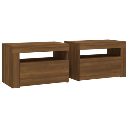 Sängbord 2 st med LED-belysning Brun ek 60x35x40 cm