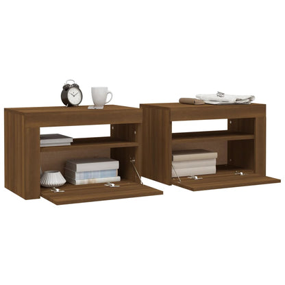 Sängbord 2 st med LED-belysning Brun ek 60x35x40 cm