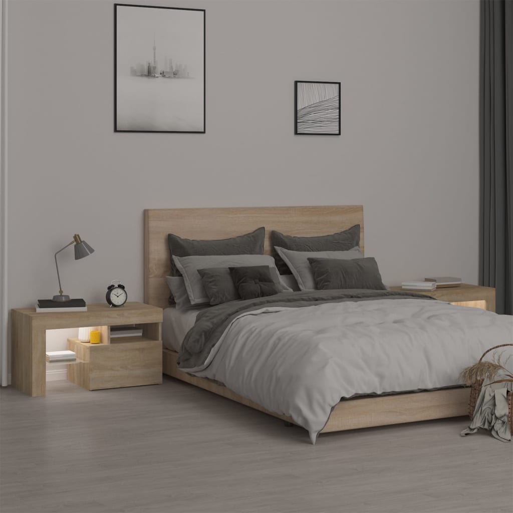 Sängbord med LED 2 st sonoma-ek 70x36,5x40 cm