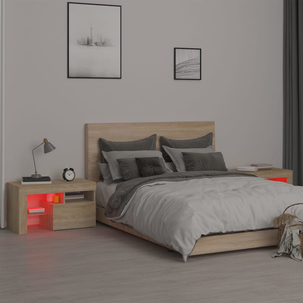 Sängbord med LED 2 st sonoma-ek 70x36,5x40 cm