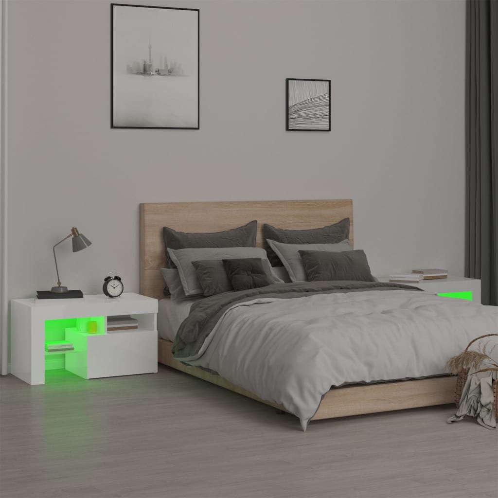 Sängbord med LEDs 2 st vit högglans 70x36,5x40 cm