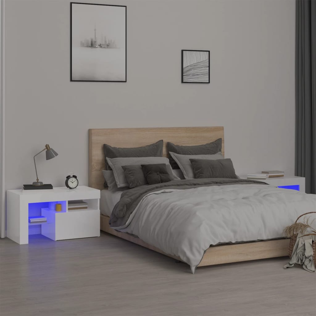Sängbord med LEDs 2 st vit högglans 70x36,5x40 cm