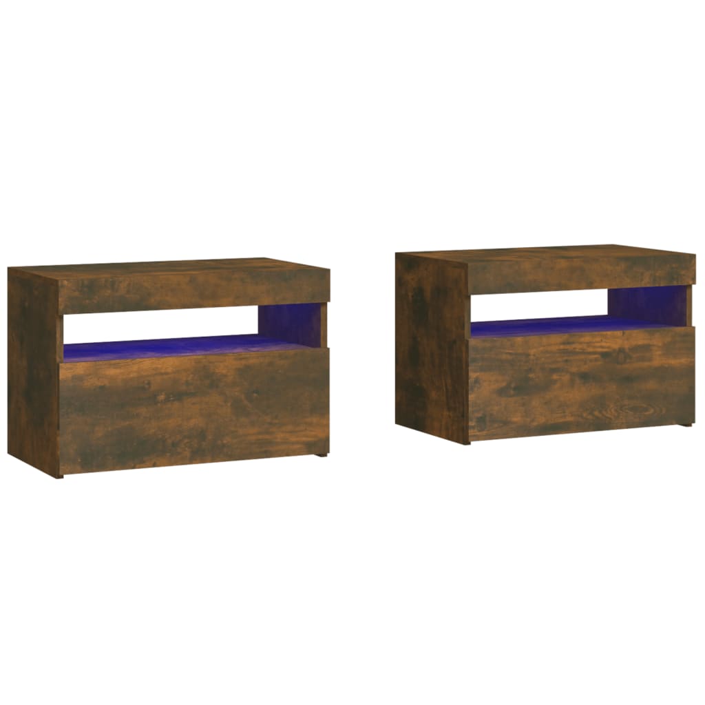 Sängbord 2 st med LED-belysning rökfärgad ek 60x35x40 cm