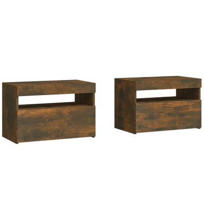 Sängbord 2 st med LED-belysning rökfärgad ek 60x35x40 cm