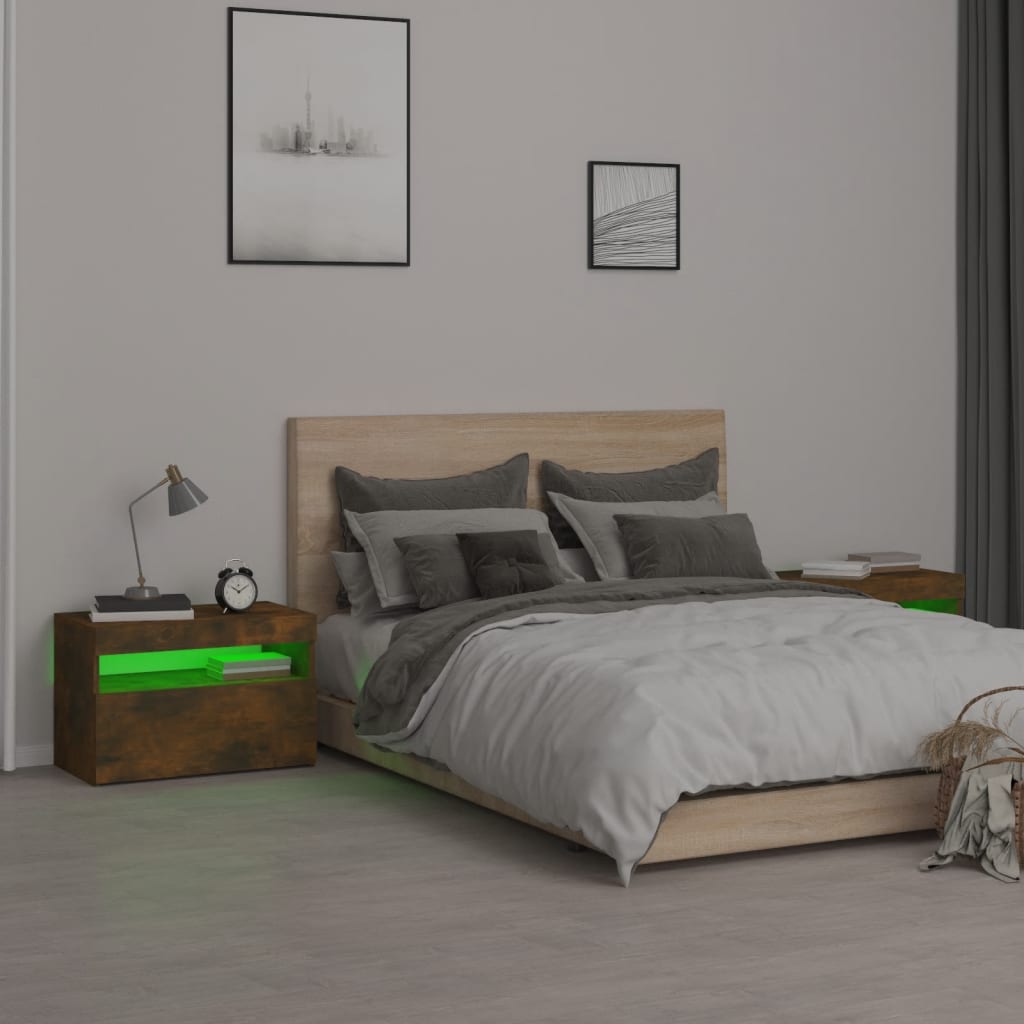 Sängbord 2 st med LED-belysning rökfärgad ek 60x35x40 cm