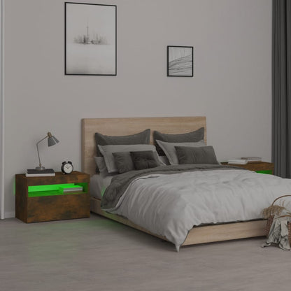 Sängbord 2 st med LED-belysning rökfärgad ek 60x35x40 cm