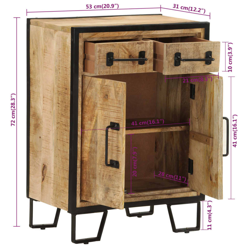 Skänk Trä med 2 lådor 53x31x72 cm massivt mangoträ och järn