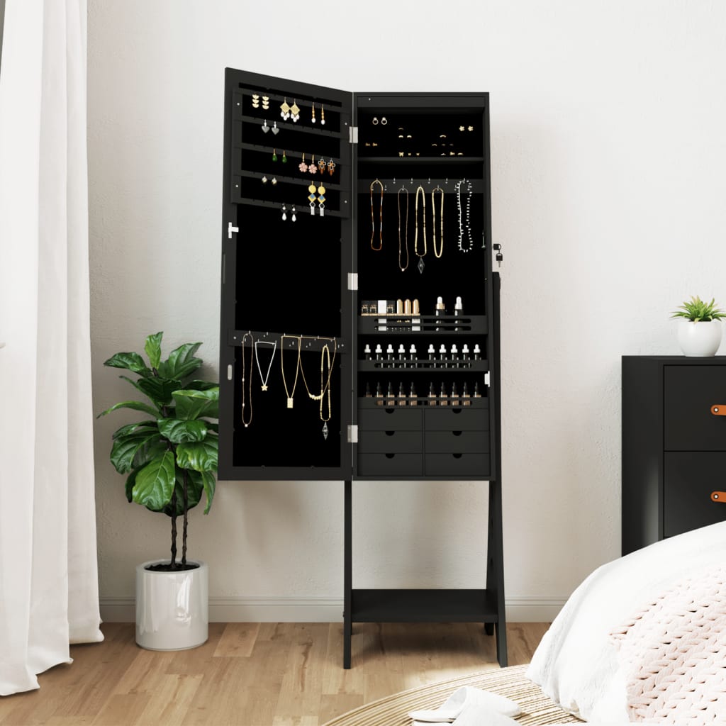 Smyckesskåp LED-lampor fristående svart