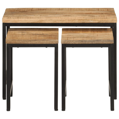 Soffbord Trä 3 st massivt massivt grovt mangoträ och järn