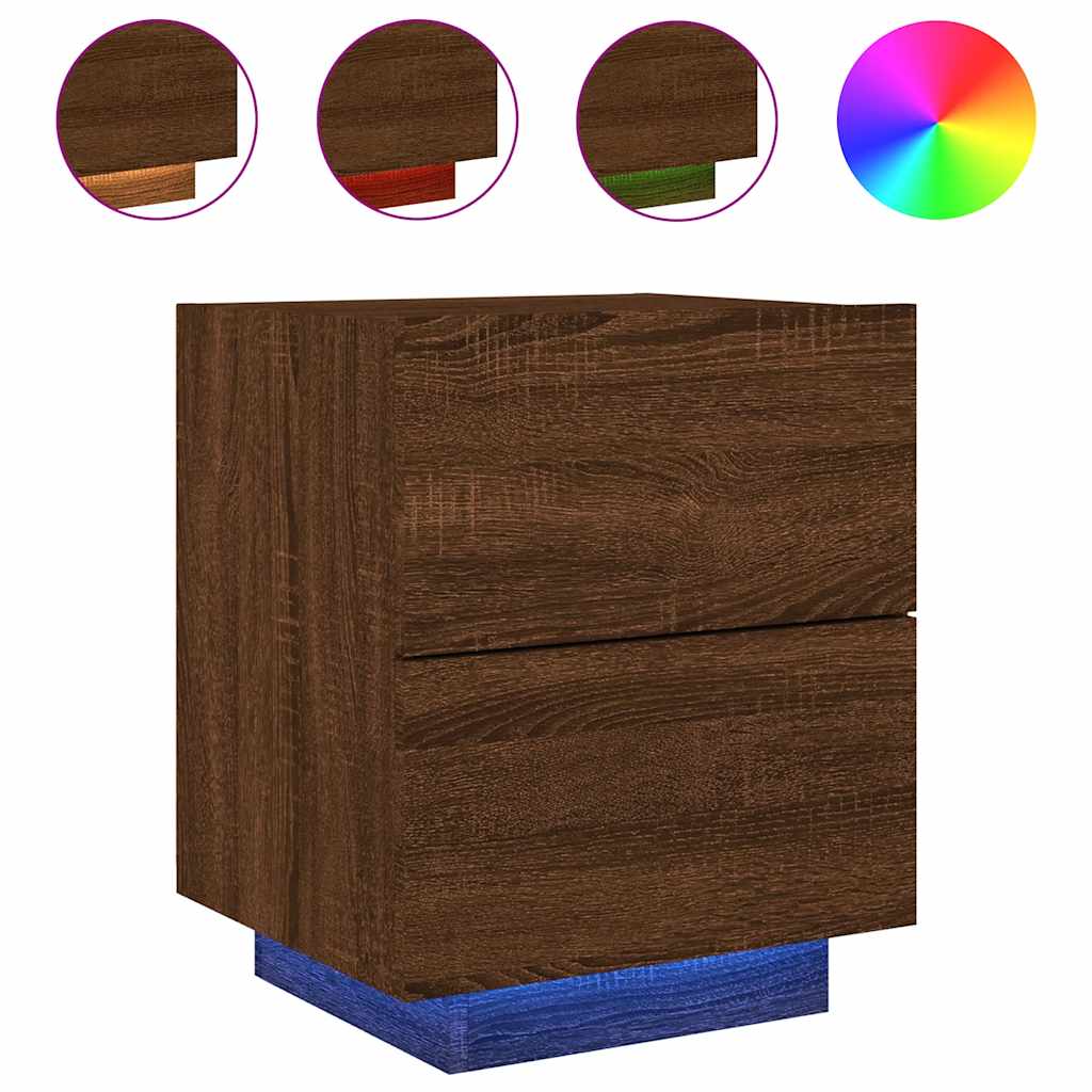 Sängbord med LED-lampor 2 st brun ek konstruerat trä