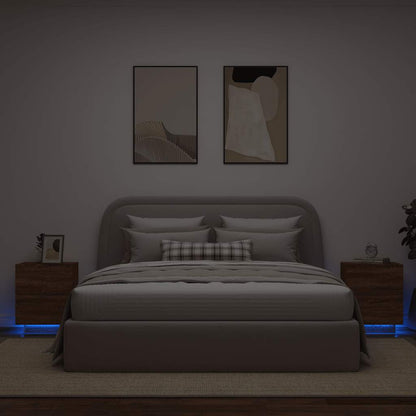 Sängbord med LED-lampor 2 st brun ek konstruerat trä