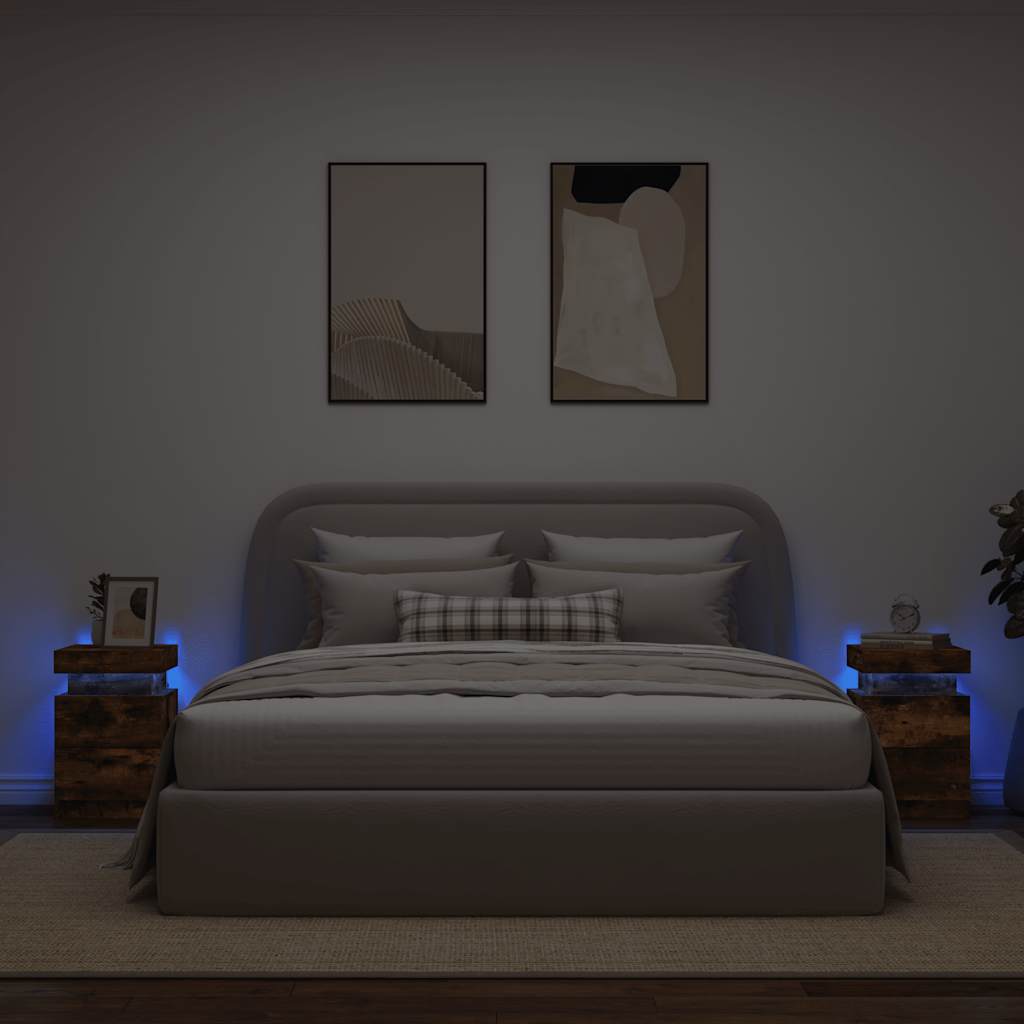 Sängbord med LED-lampor 2 st rökfärgad ek 35x39x55 cm