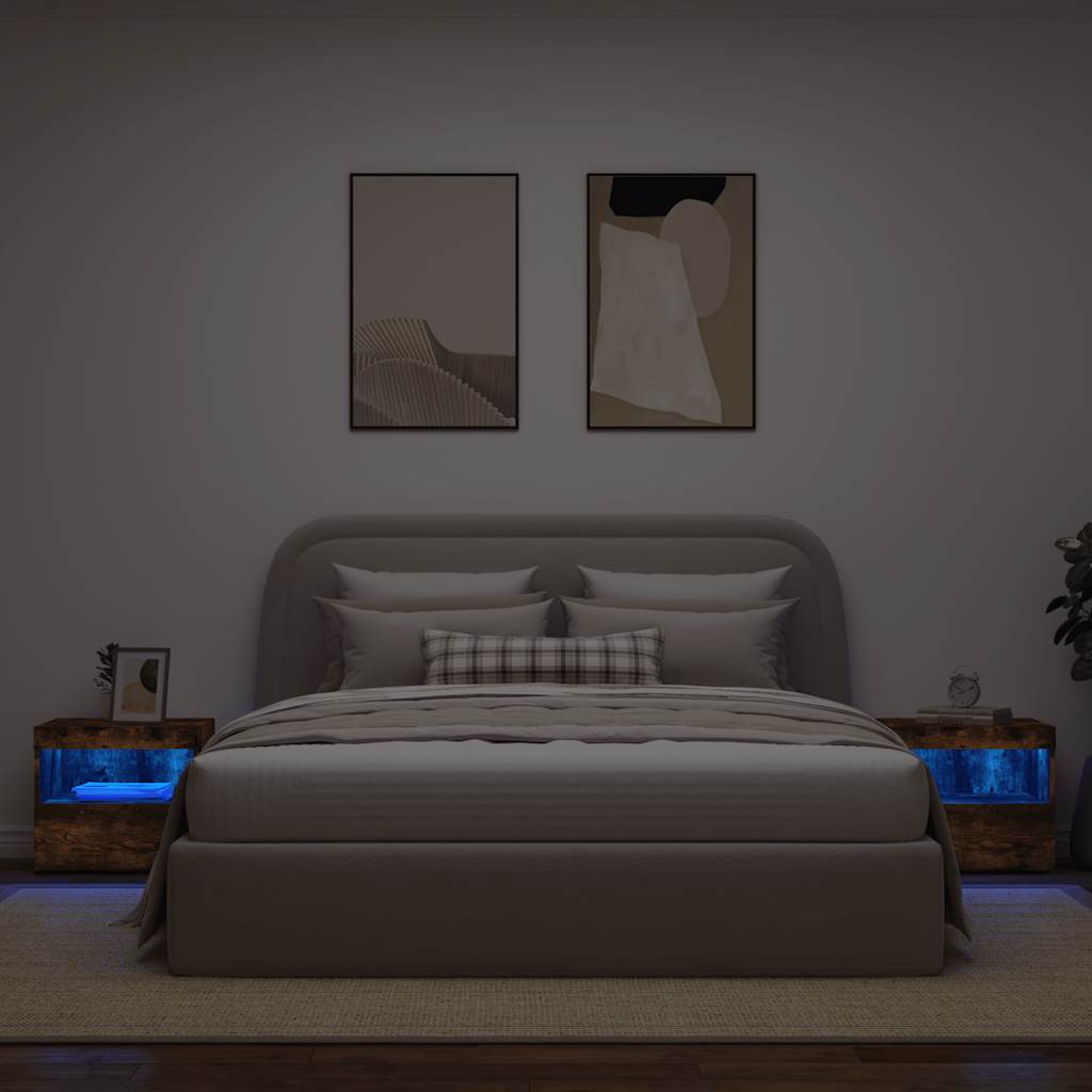 Sängbord med LED-lampor 2 st rökfärgad ek 50x40x45 cm