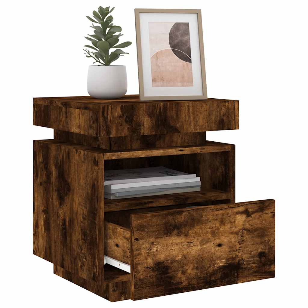 Sängbord med LED-belysning 2 st rökfärgad ek 40x39x48,5 cm