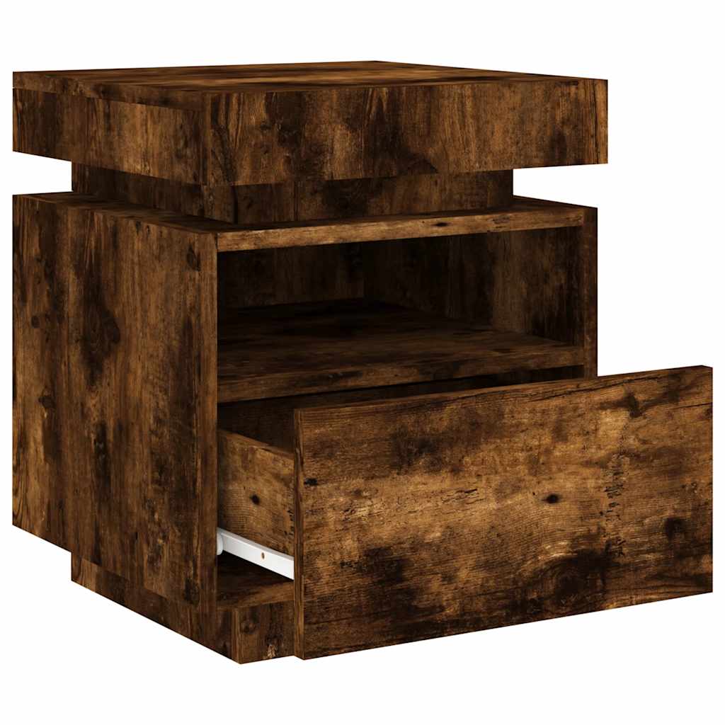 Sängbord med LED-belysning 2 st rökfärgad ek 40x39x48,5 cm
