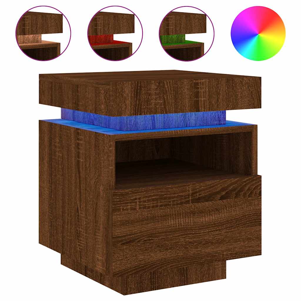 Sängbord med LED-belysning 2 st brun ek 40x39x48,5 cm