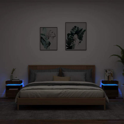 Sängbord med LED-belysning 2 st brun ek 40x39x48,5 cm