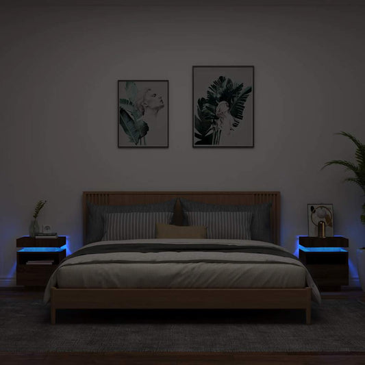Sängbord med LED-belysning 2 st brun ek 40x39x48,5 cm