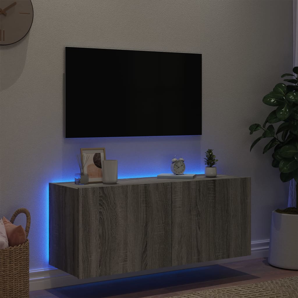 TV-Möbel Sonoma Grå Väggmonterad TV-Bänk LED 100x35x41 cm