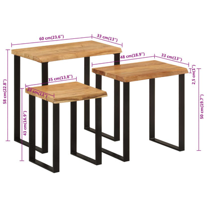 Sidobord Trä 3 st med levande kant massivt akaciaträ