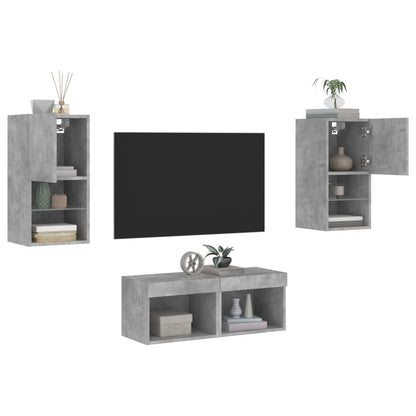 Väggmonterade TV-skåp 4 delar med LEDs betonggrå