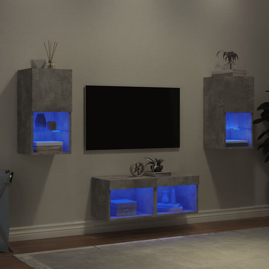 Väggmonterade TV-skåp 4 delar med LEDs betonggrå